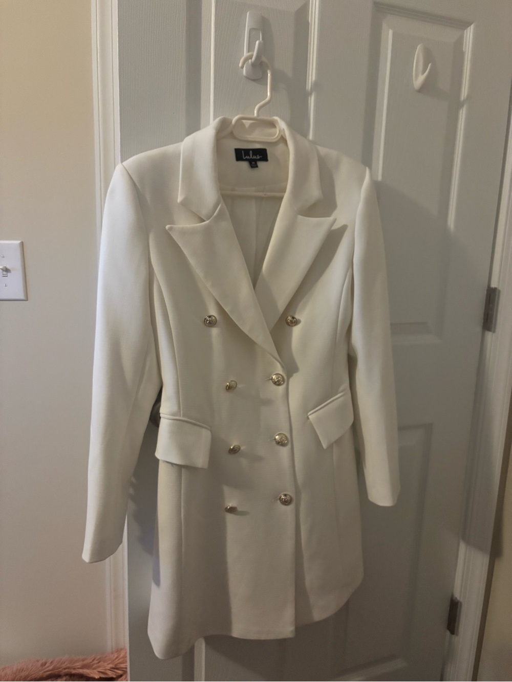 Lulu's Cream Double-Breasted mid length Blazer Coat with Gold Buttons